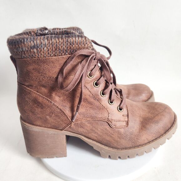 B52 BullBoxer Leather Brown Sweater Trim Combat Lace-up Boots Block Heel Size 8 - Picture 1 of 11